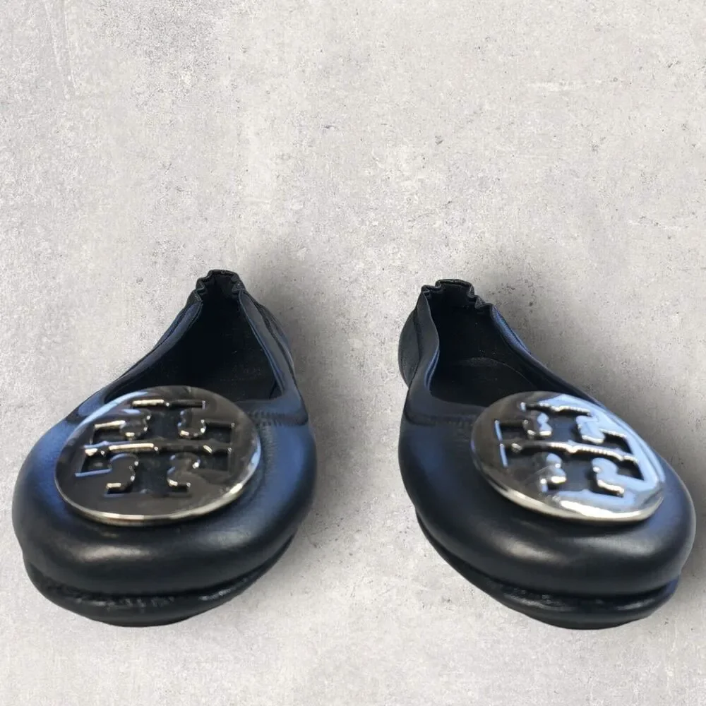 Tory Burch Womens Black Leather Shoes Size 5 Logo Minnie Travel Ballet Flats